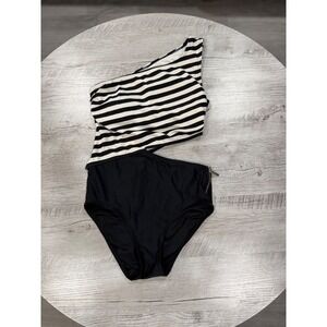 Michael Kors Size 10 One Shoulder Swimsuit Black White Asymmetrical High Waist